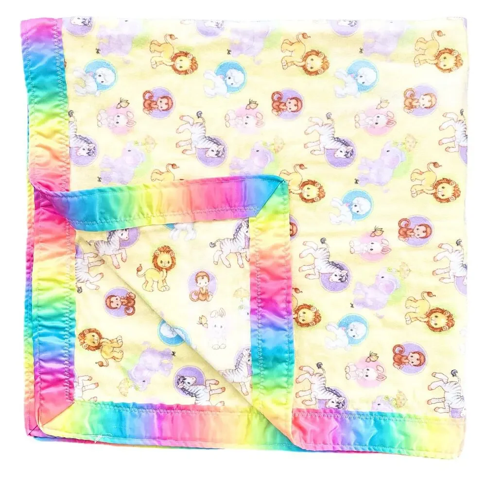 Vintage Handmade Precious Moments Animal Fleece Tie Dye Satin Trim Baby Blanket